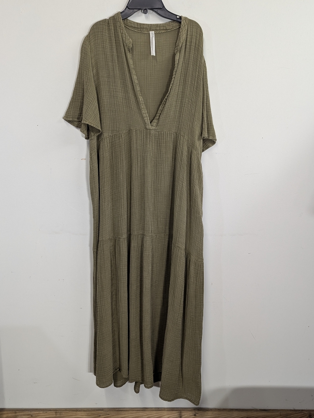 Anthropologie Olive Green Deep V-Neck Tiered Maxi Dress Cotton Gauze L - Picture 3 of 15